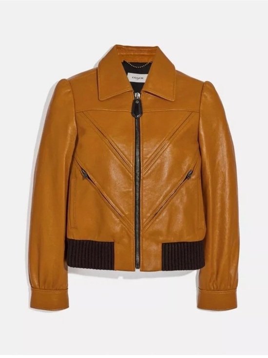 Coach Jackets & Blazers - Coach Women's Cognac Leather Bomber Jacket with Dark Rib Hem